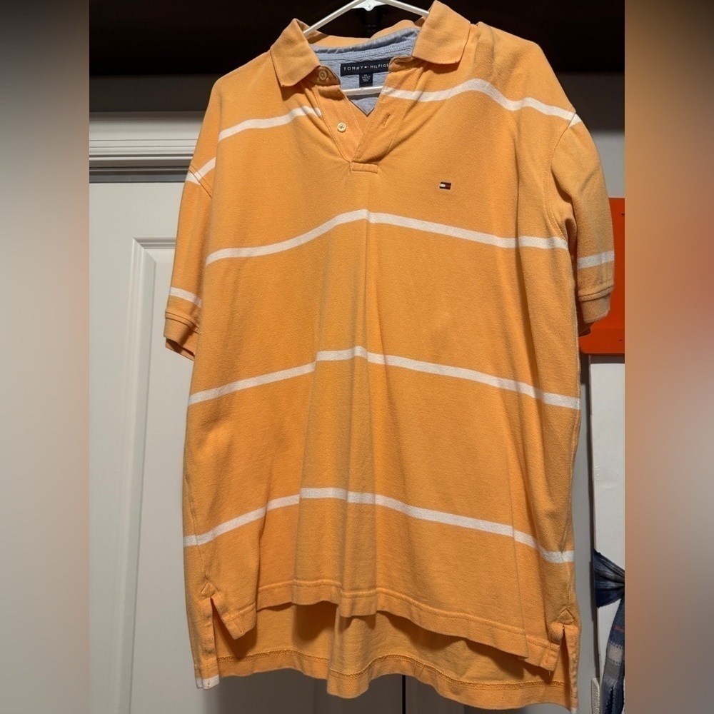 Tommy Hilfiger. Size XL Orange W/White Stripes Short Sleeve Cotton Polo